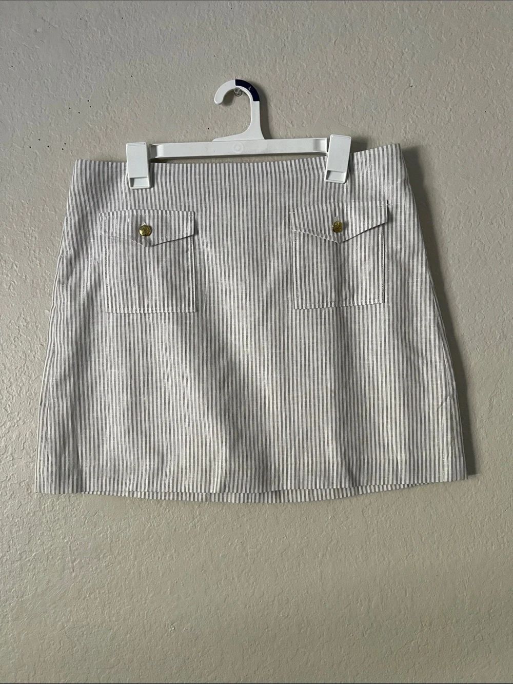 NWT J. Crew Linen Blend Pinstriped White and Gray Mini Skirt Front Pockets 12